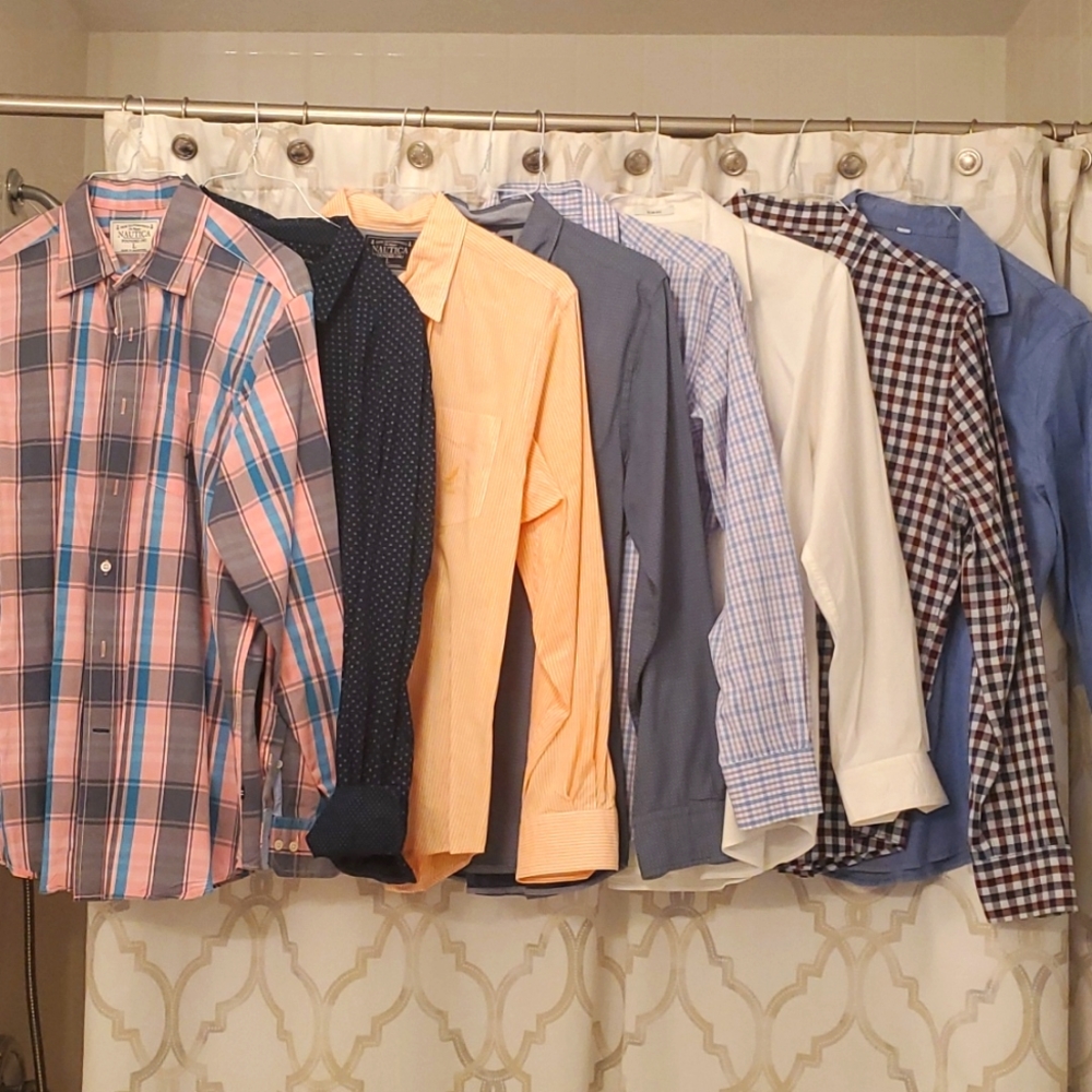 Lot of 8 men's large dress shirts. Tommy Hilfiger, Nautica, Express...